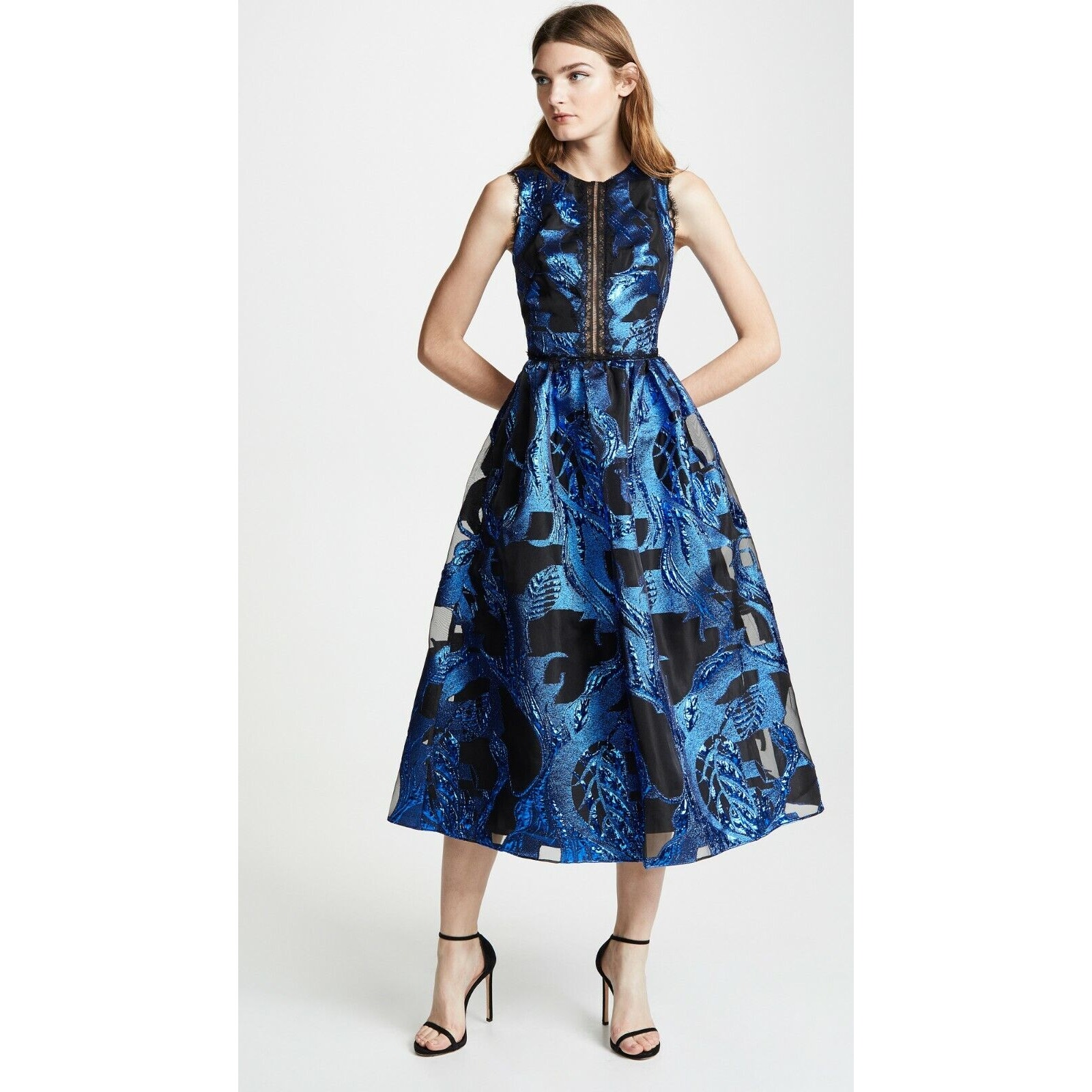 Marchesa Blue Metallic Lace Midi Dress Cutout Back Sleeveless Abstract Sz 0